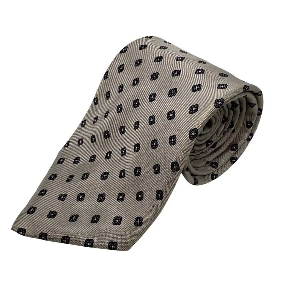 G. Galvani Men's Tie 100% Silk Beige Navy Foulard Medallion Made In Italy